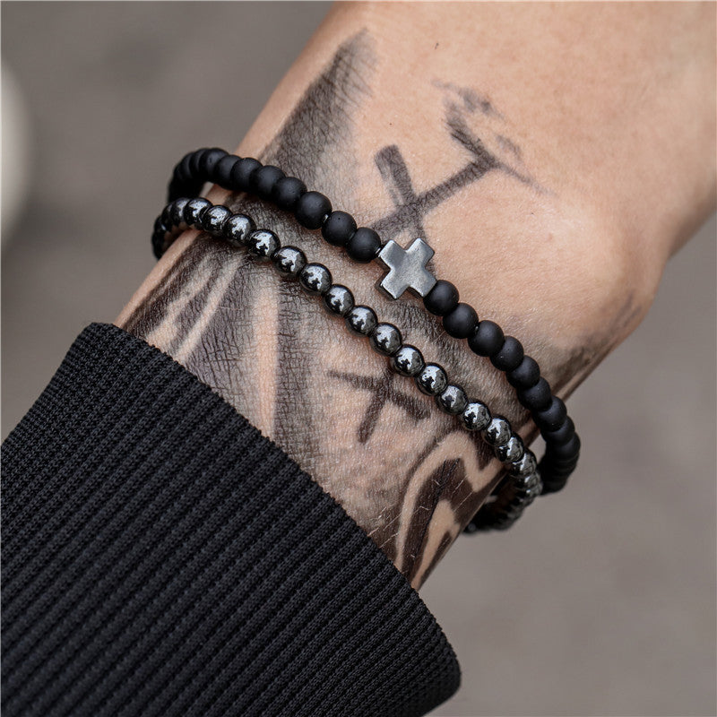 Wholesale New Men's Beaded Cross Bracelet Set